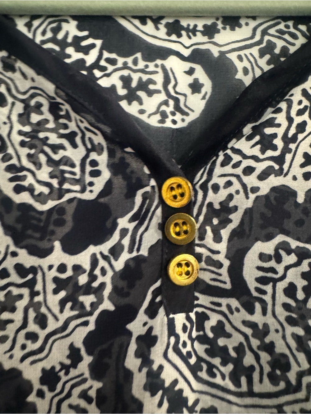 Navy White Paisley Overlay Top with Orange Trim Cottagecore Women's Blouse - Picture 4 of 6